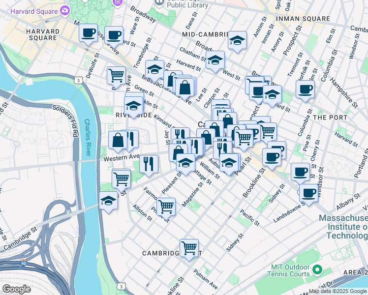 map of restaurants, bars, coffee shops, grocery stores, and more near 13 Kinnaird Street in Cambridge