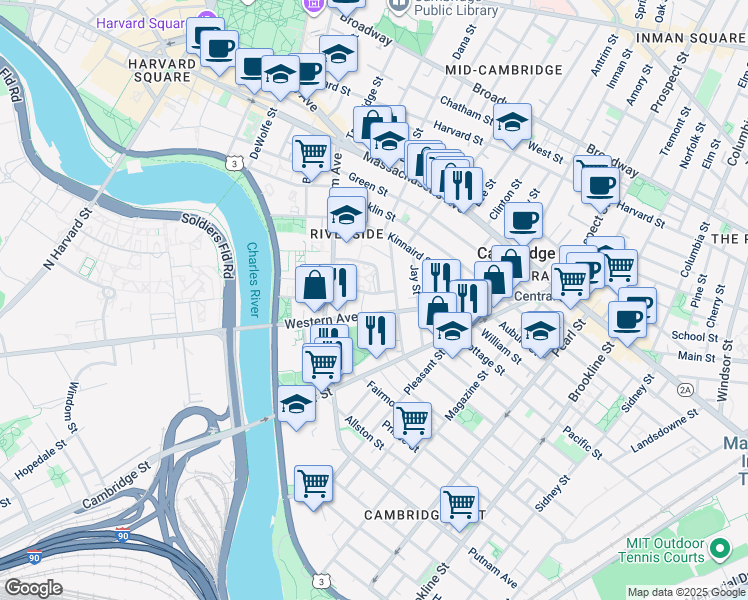 map of restaurants, bars, coffee shops, grocery stores, and more near 260 Western Avenue in Cambridge