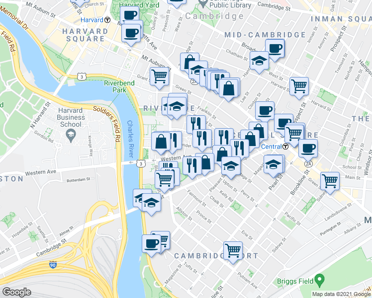 map of restaurants, bars, coffee shops, grocery stores, and more near 260 Western Avenue in Cambridge