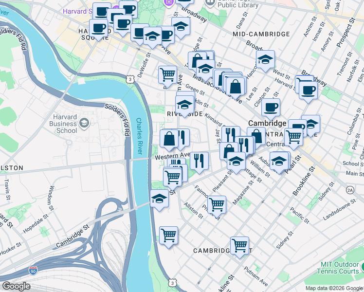 map of restaurants, bars, coffee shops, grocery stores, and more near 336 Western Avenue in Cambridge