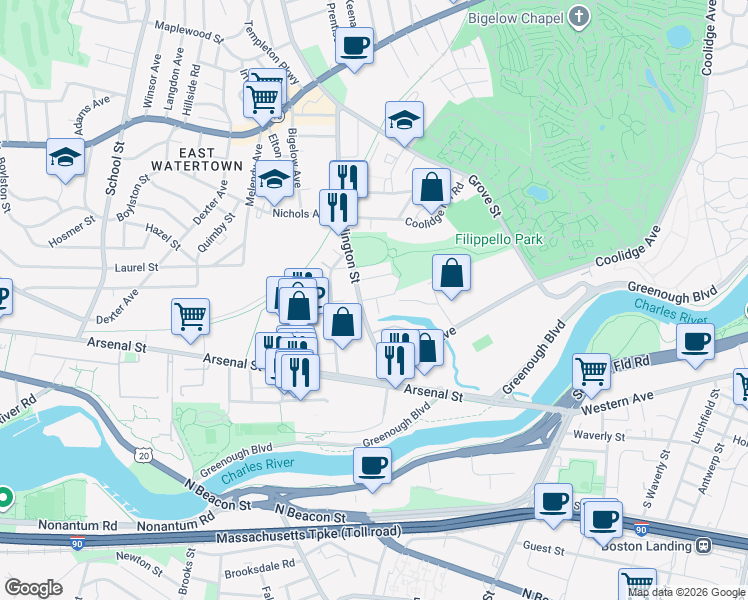 map of restaurants, bars, coffee shops, grocery stores, and more near 61 Arlington Street in Watertown