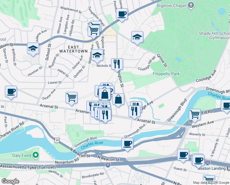 map of restaurants, bars, coffee shops, grocery stores, and more near 11 Yukon Avenue in Watertown
