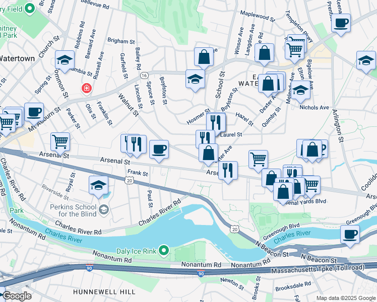 map of restaurants, bars, coffee shops, grocery stores, and more near in Watertown