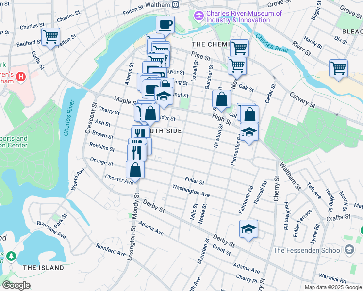 map of restaurants, bars, coffee shops, grocery stores, and more near 174 Brown Street in Waltham