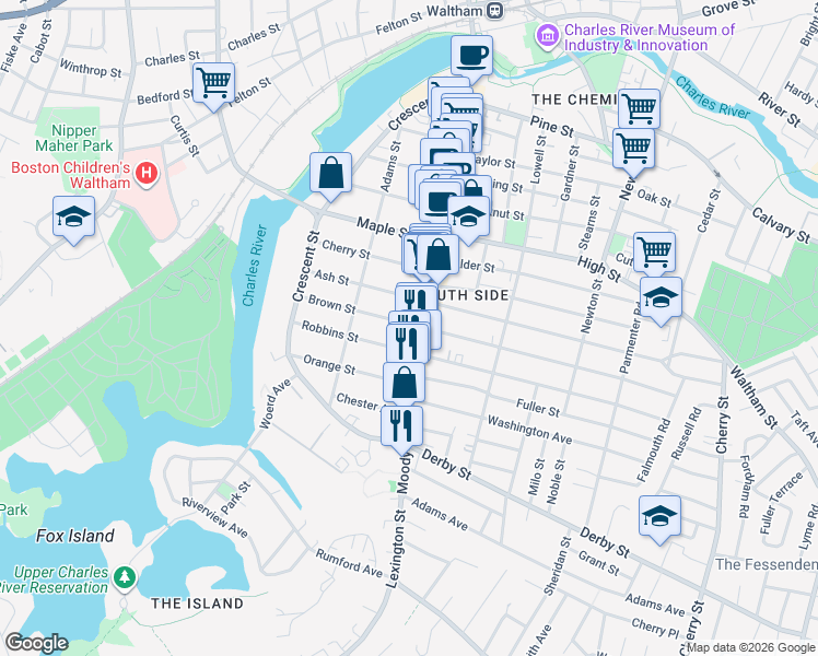 map of restaurants, bars, coffee shops, grocery stores, and more near 85 Robbins Street in Waltham