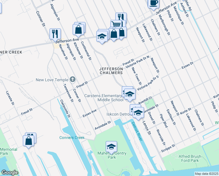 map of restaurants, bars, coffee shops, grocery stores, and more near 12845 Essex Avenue in Detroit