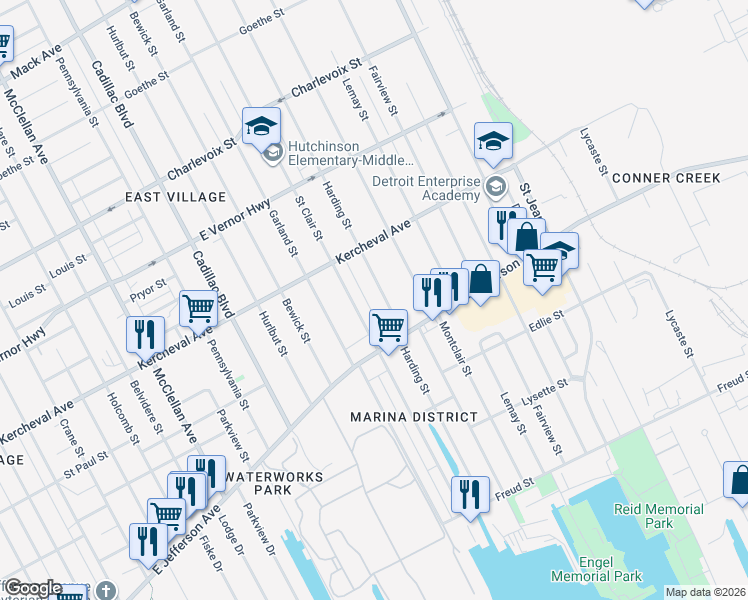 map of restaurants, bars, coffee shops, grocery stores, and more near 1476 Saint Clair Street in Detroit