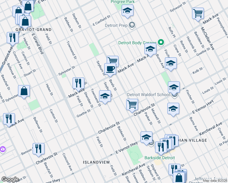 map of restaurants, bars, coffee shops, grocery stores, and more near 3423 Seyburn Street in Detroit