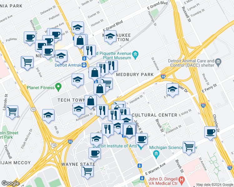 map of restaurants, bars, coffee shops, grocery stores, and more near 71e East Edsel Ford Freeway in Detroit