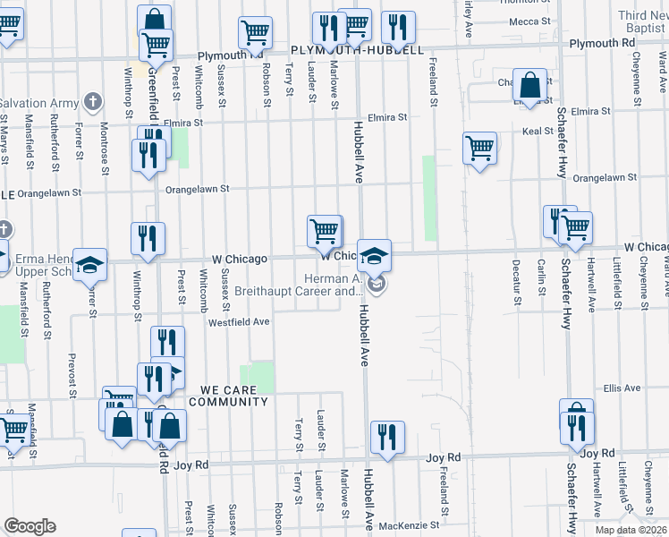 map of restaurants, bars, coffee shops, grocery stores, and more near 9386 Marlowe Street in Detroit