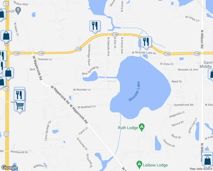 map of restaurants, bars, coffee shops, grocery stores, and more near 448 Blue Springs Drive in Fox Lake