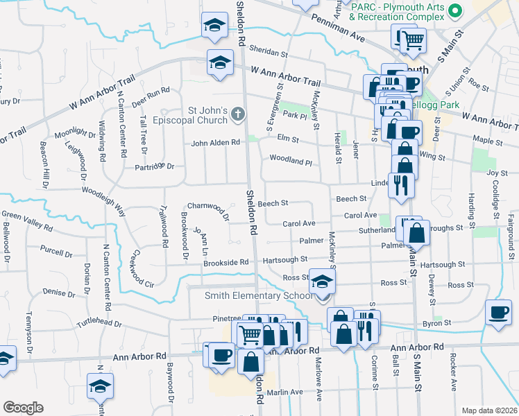 map of restaurants, bars, coffee shops, grocery stores, and more near 820 South Evergreen Street in Plymouth