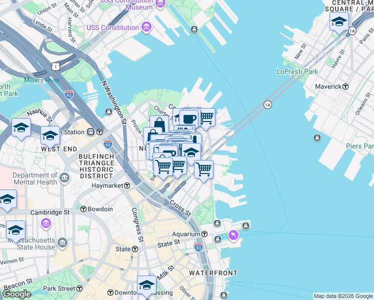 map of restaurants, bars, coffee shops, grocery stores, and more near 385 Hanover Street in Boston