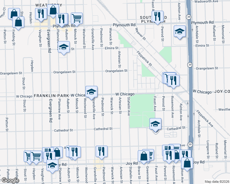 map of restaurants, bars, coffee shops, grocery stores, and more near 9390 Warwick Street in Detroit