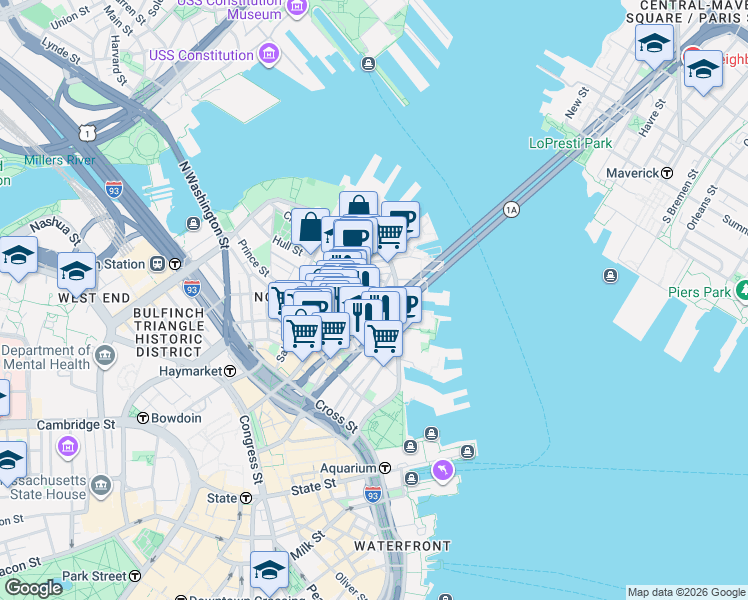 map of restaurants, bars, coffee shops, grocery stores, and more near 302-304 North Street in Boston