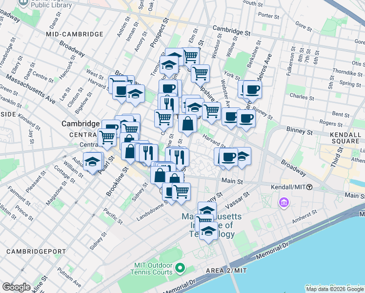 map of restaurants, bars, coffee shops, grocery stores, and more near 119 Windsor Street in Cambridge