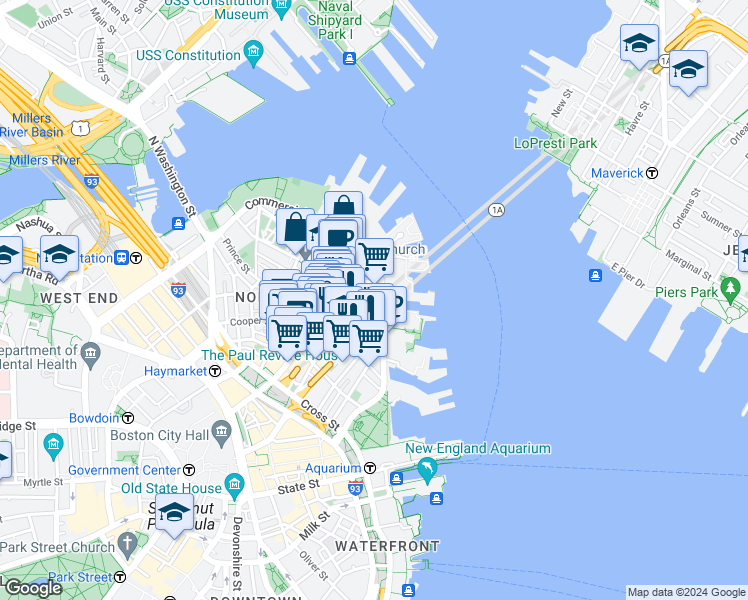 map of restaurants, bars, coffee shops, grocery stores, and more near 300 Commercial Street in Boston