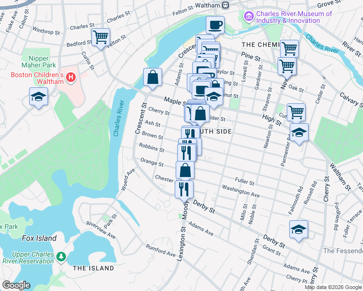 map of restaurants, bars, coffee shops, grocery stores, and more near 85 Robbins Street in Waltham