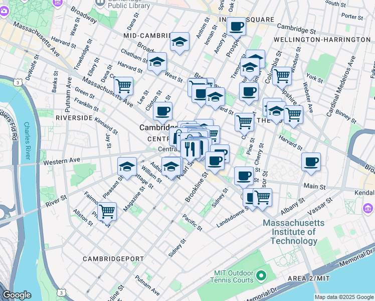 map of restaurants, bars, coffee shops, grocery stores, and more near 617 Massachusetts Avenue in Cambridge