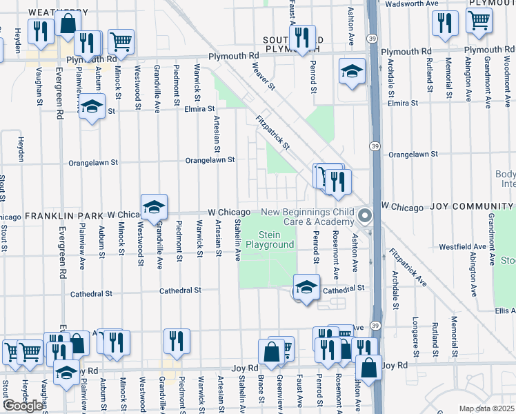 map of restaurants, bars, coffee shops, grocery stores, and more near 9530 Brace Street in Detroit