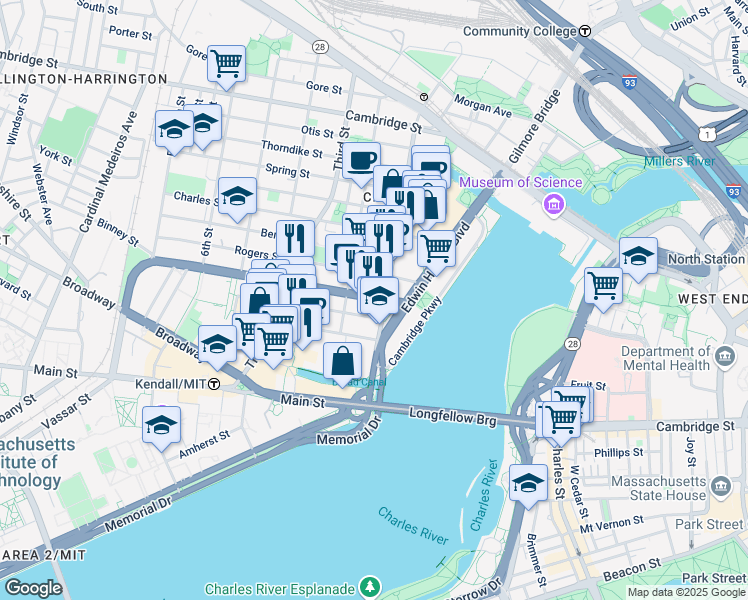 map of restaurants, bars, coffee shops, grocery stores, and more near 50 Binney Street in Cambridge