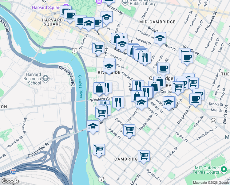 map of restaurants, bars, coffee shops, grocery stores, and more near 260 Western Avenue in Cambridge
