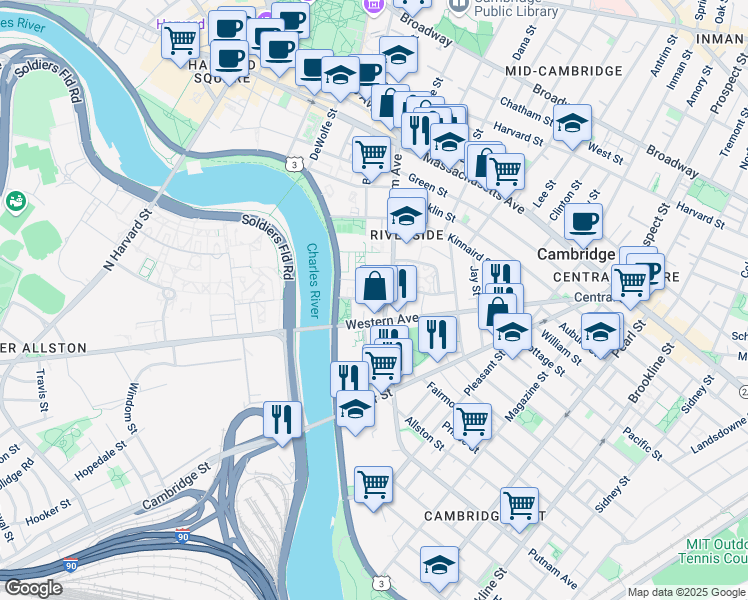 map of restaurants, bars, coffee shops, grocery stores, and more near Hingham Street & Elmer Street in Cambridge