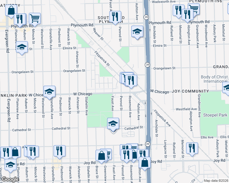map of restaurants, bars, coffee shops, grocery stores, and more near 9390 Faust Avenue in Detroit