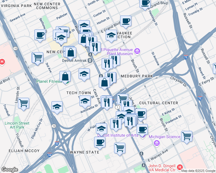 map of restaurants, bars, coffee shops, grocery stores, and more near 60 Harper Avenue in Detroit