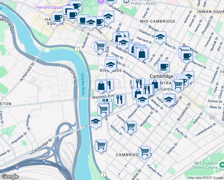 map of restaurants, bars, coffee shops, grocery stores, and more near 22 Hews Street in Cambridge