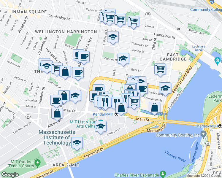 map of restaurants, bars, coffee shops, grocery stores, and more near Loughrey Walkway in Cambridge