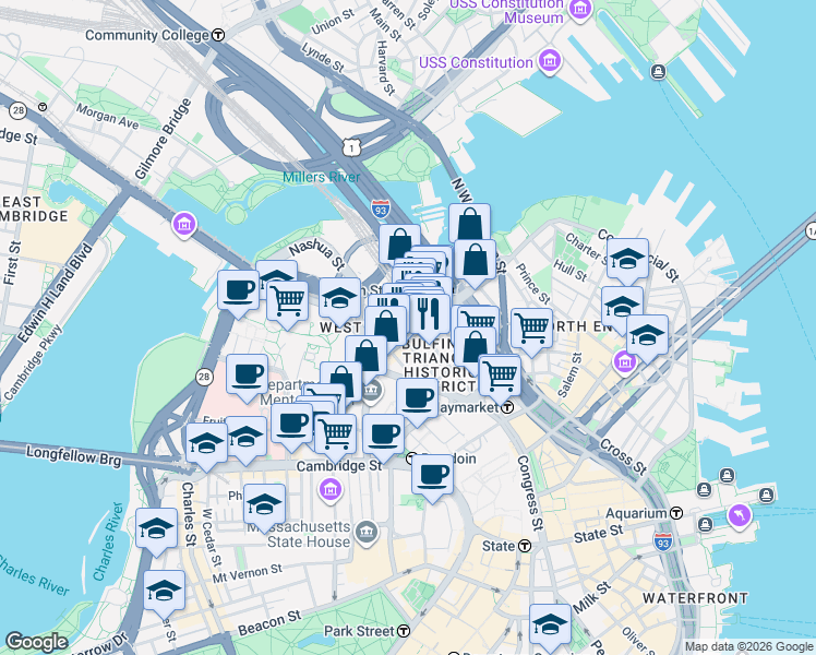 map of restaurants, bars, coffee shops, grocery stores, and more near 50 Causeway Street in Boston