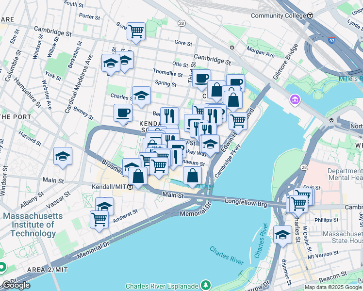 map of restaurants, bars, coffee shops, grocery stores, and more near 100 Binney Street in Cambridge