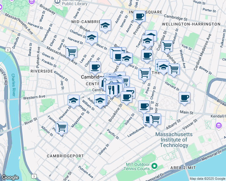 map of restaurants, bars, coffee shops, grocery stores, and more near in Cambridge