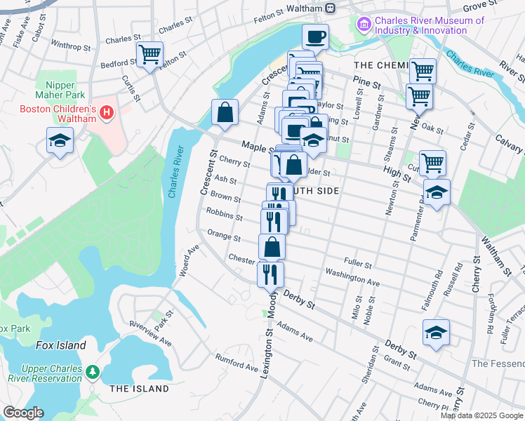 map of restaurants, bars, coffee shops, grocery stores, and more near 85 Robbins Street in Waltham