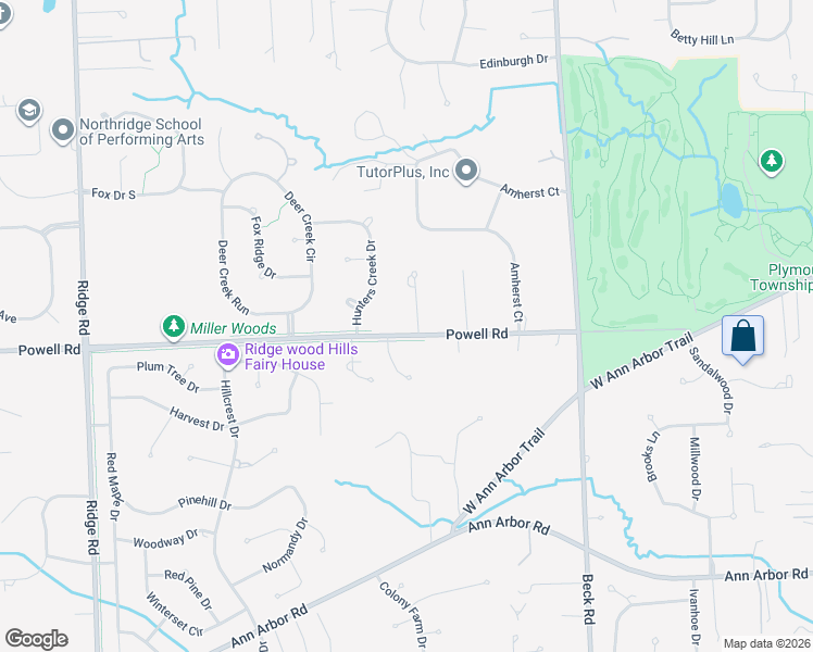 map of restaurants, bars, coffee shops, grocery stores, and more near 48095 Powell Road in Plymouth