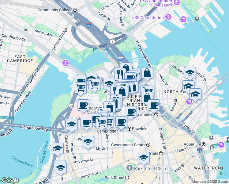 map of restaurants, bars, coffee shops, grocery stores, and more near 150 Staniford Street in Boston