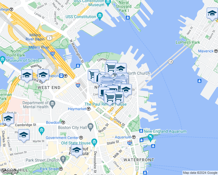map of restaurants, bars, coffee shops, grocery stores, and more near 67 Prince Street in Boston