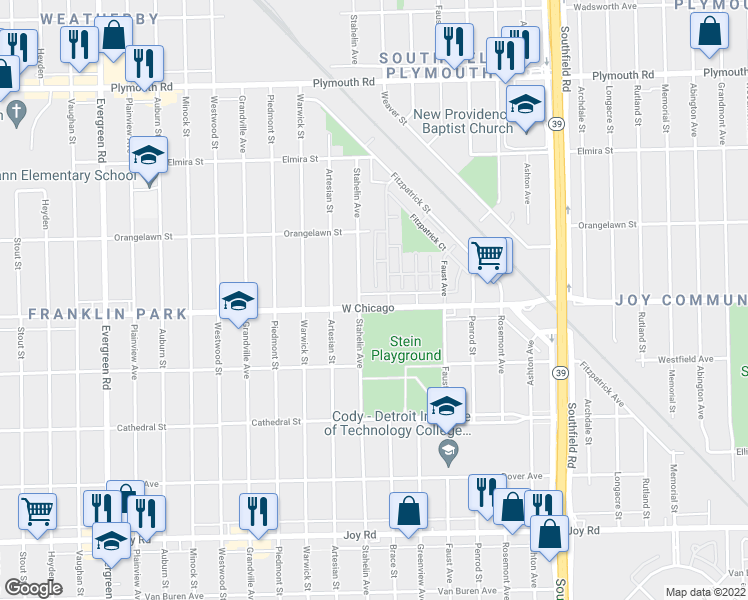map of restaurants, bars, coffee shops, grocery stores, and more near 18730 West Chicago in Detroit