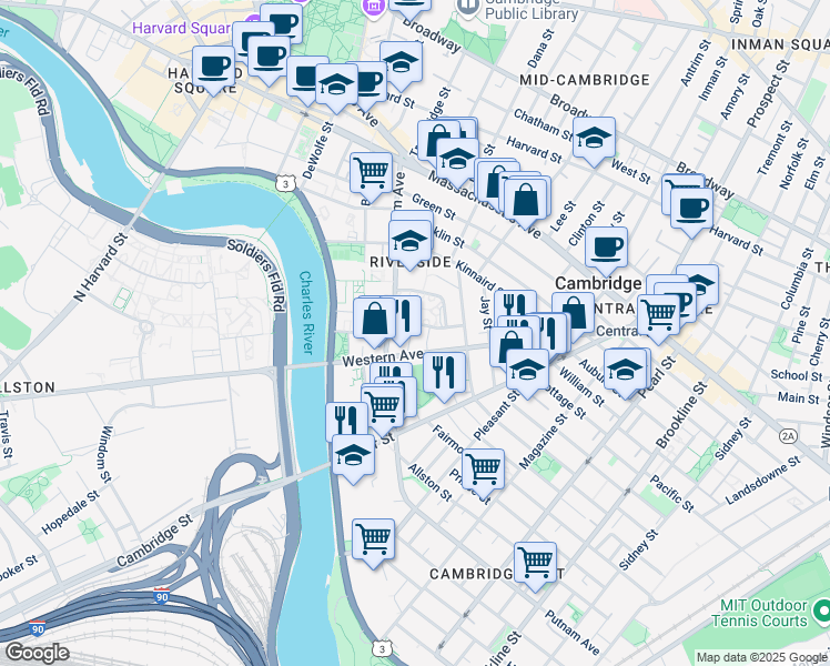map of restaurants, bars, coffee shops, grocery stores, and more near 336 Western Avenue in Cambridge