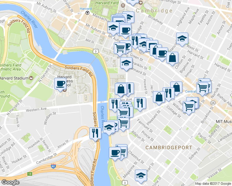 map of restaurants, bars, coffee shops, grocery stores, and more near Banks St & Hingham St in Mid-Cambridge