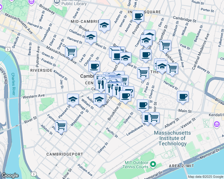 map of restaurants, bars, coffee shops, grocery stores, and more near in Cambridge