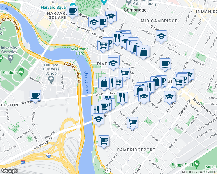 map of restaurants, bars, coffee shops, grocery stores, and more near 168 Putnam Avenue in Cambridge