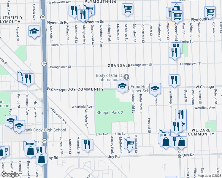 map of restaurants, bars, coffee shops, grocery stores, and more near 16101 West Chicago in Detroit