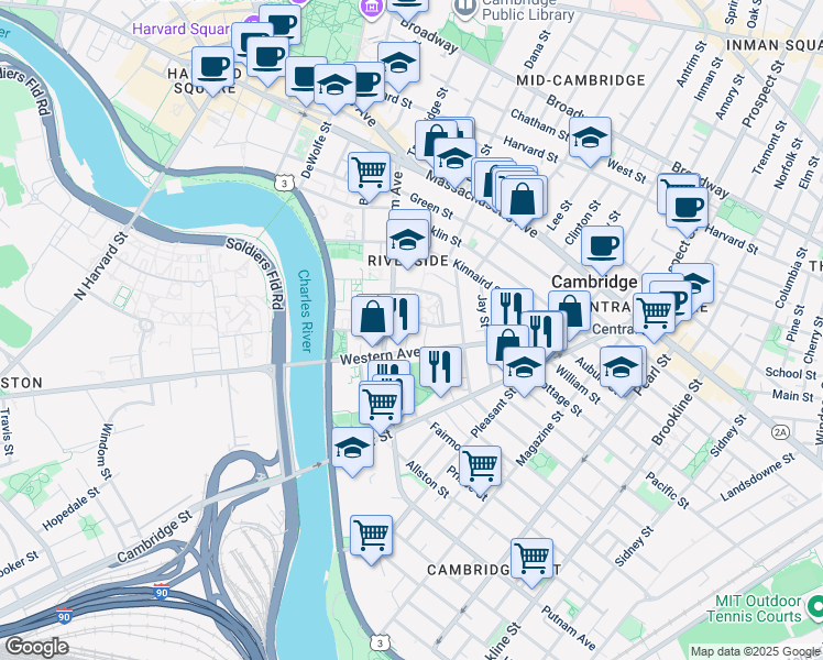 map of restaurants, bars, coffee shops, grocery stores, and more near 24 Hews Street in Cambridge