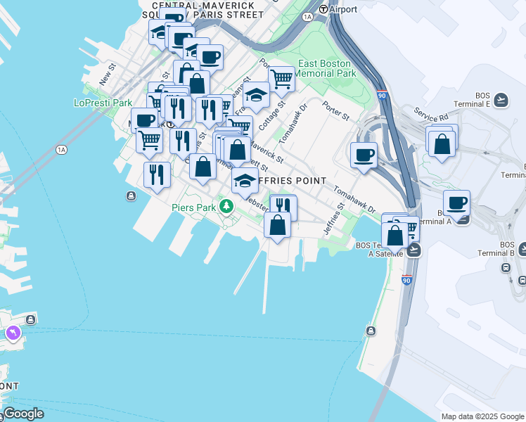 map of restaurants, bars, coffee shops, grocery stores, and more near 214 Marginal Street in Boston