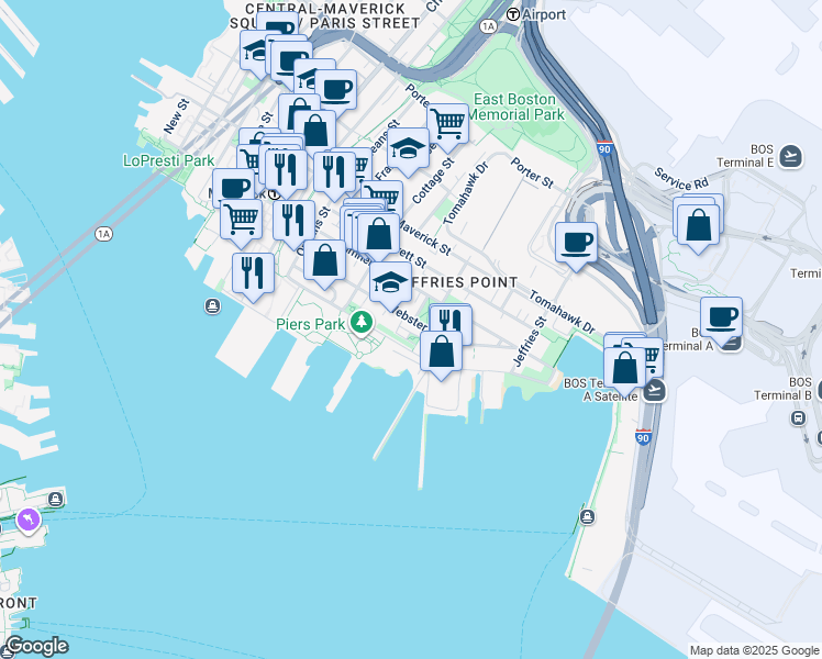map of restaurants, bars, coffee shops, grocery stores, and more near 214 Marginal Street in Boston