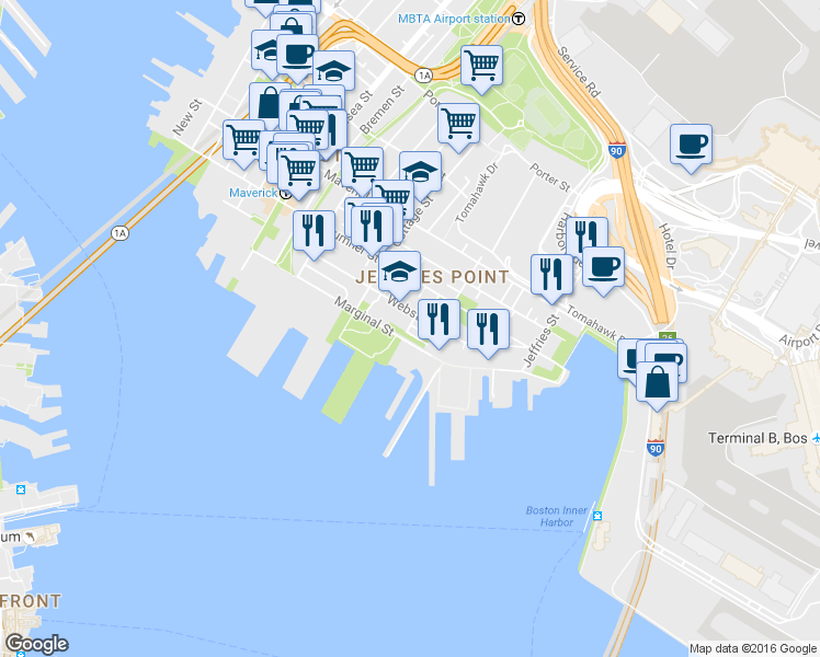 map of restaurants, bars, coffee shops, grocery stores, and more near 214 Marginal Street in Boston