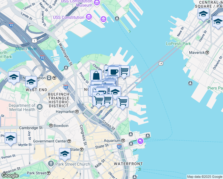 map of restaurants, bars, coffee shops, grocery stores, and more near 15-17 North Square in Boston