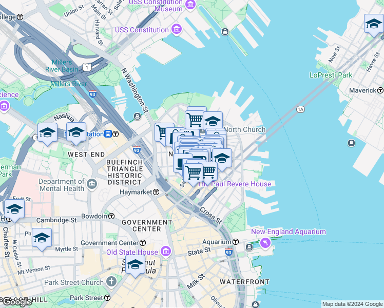 map of restaurants, bars, coffee shops, grocery stores, and more near in Boston